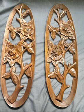 Vintage Wooden Hand Carved Wall Art Plaque Hanging Floral MCM 22" Set Of 2